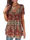 a.Jesdani Short Sleeve Blouses Red Tops for Women Sexy Plus Size Henley Shirt XL