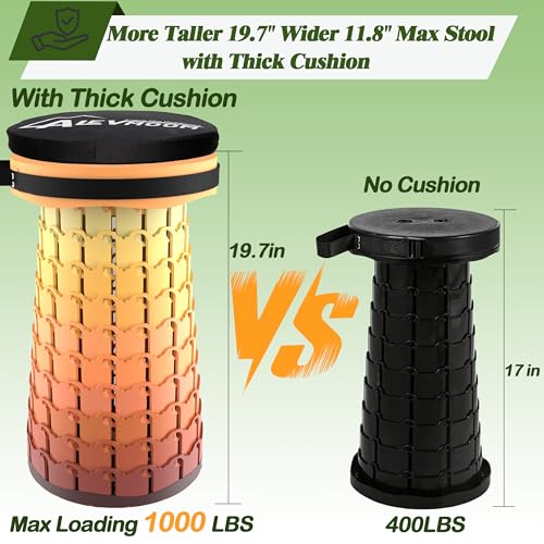 Image of ALEVMOOM Upgraded XXL Collapsilbe Stool with Cushion,More Sturdy and Height 19.7 inch,D11.8,Portable and Lightweight Adjustable Chair Telescoping Stool for Camping Hiking BBQ Max Loading 1000Ibs