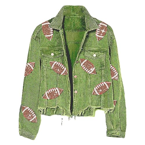 Veste d'hiver en velours côtelé vert L pour femme avec détails rugby à paillettes