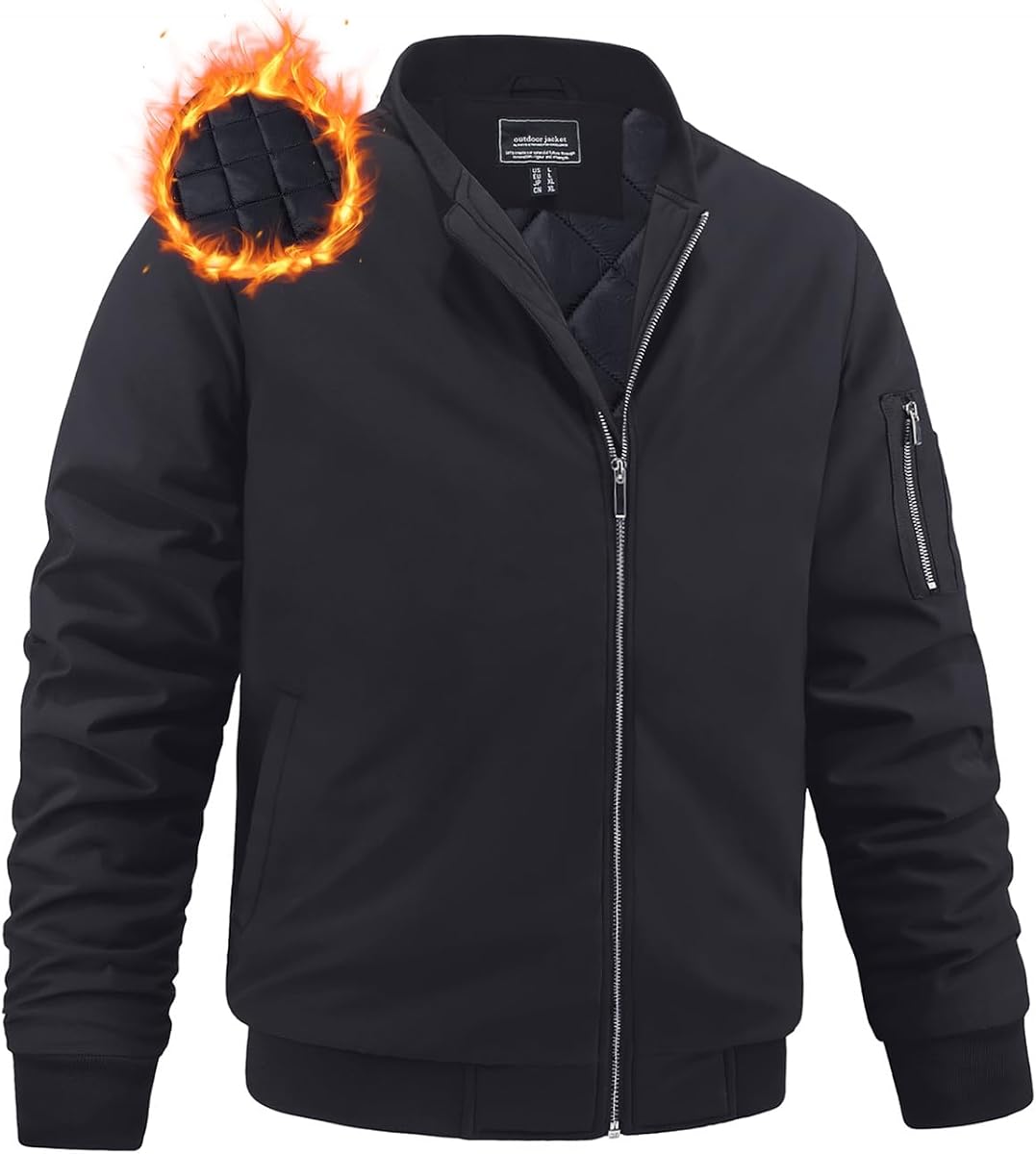 Men's Winter Bomber Jacket Warm Full Zipper Outer Wear | windproof,zippered sleeve pocket,2 hand pockets,casual,outdoor