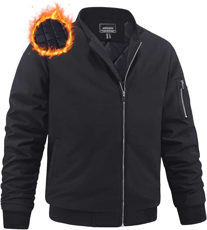 Men's Winter Bomber Jacket Warm Full Zipper Outer Wear | windproof,zippered sleeve pocket,2 hand pockets,casual,outdoor