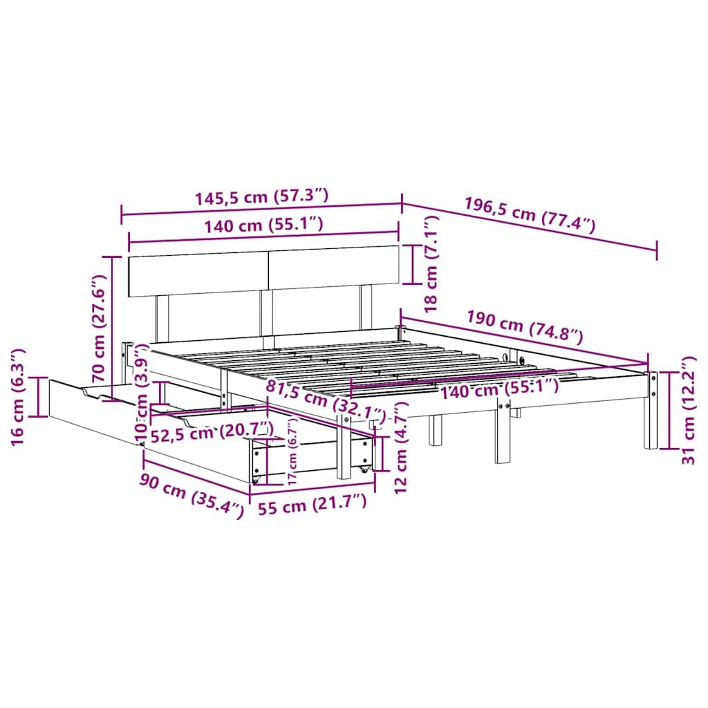 Estructura de Cama de Madera Maciza de Pino para Dormitorio de 140x190 cm con Base de Listones y cajones con Ruedas, Soporte Resistente y diseño rústico Ideal para Descanso y Almacenamiento