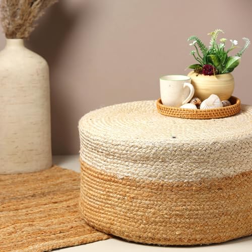 Image of Habere India-All the Cultures Fabricating India Ottomans for Living Room | pouffe Stool | Ottoman Stool | Jute pouffes for Sitting - White, Round (S: Dia45xH30 cm)