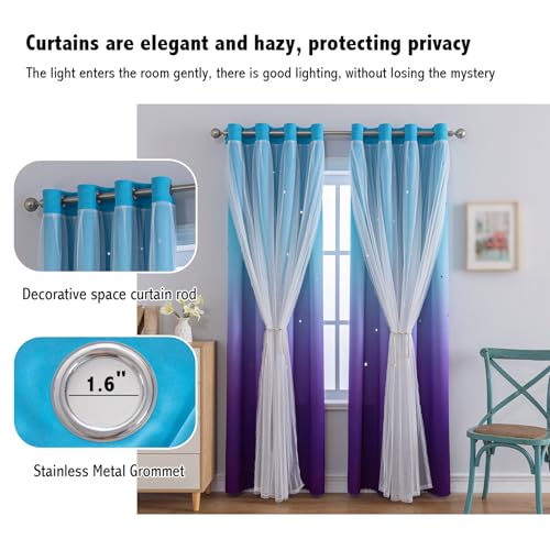 Image of Double Layer Dreamy Star Blackout Curtain 1 Panel W52 x L84,Blue Purple | Princess Style Window Drapes for Kids Room Elegant Decor for Daughter Bedroom Living Room Soft Fabric Design
