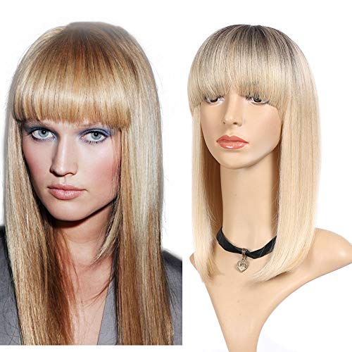 16 inch Straight Blonde Synthetic Wig with Bangs Dark Root to Honey Blonde Medium Length Heat Resistant Hair Wig for Women Daily and Costume