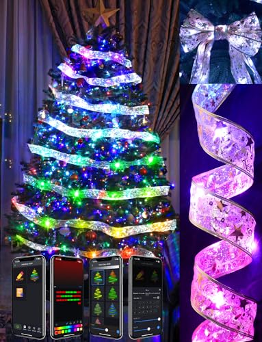 Christmas Ribbon Lights with Custom Display, Silver 16.4FT App Controlled Multicolor Preset Modes Timer Double Layer Copper Wire Ribbon Bows Fairy Lights for Xmas Tree Decoration Indoor Outdoor Christmas Ribbon Lights with Custom Display, Silver 16.4FT App Controlled Multicolor Preset Modes Timer Double Layer Copper Wire Ribbon Bows Fairy Lights for Xmas Tree Decoration Indoor Outdoor