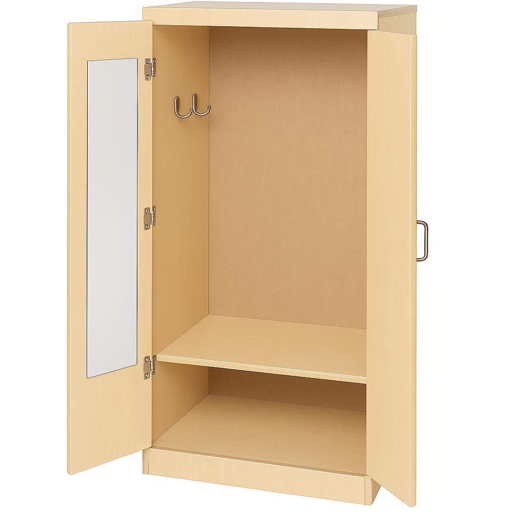 Constructive Playthings Wooden Double Door Dress Up Cupboard with Mirror, Hooks and Storage, Fully Assembled