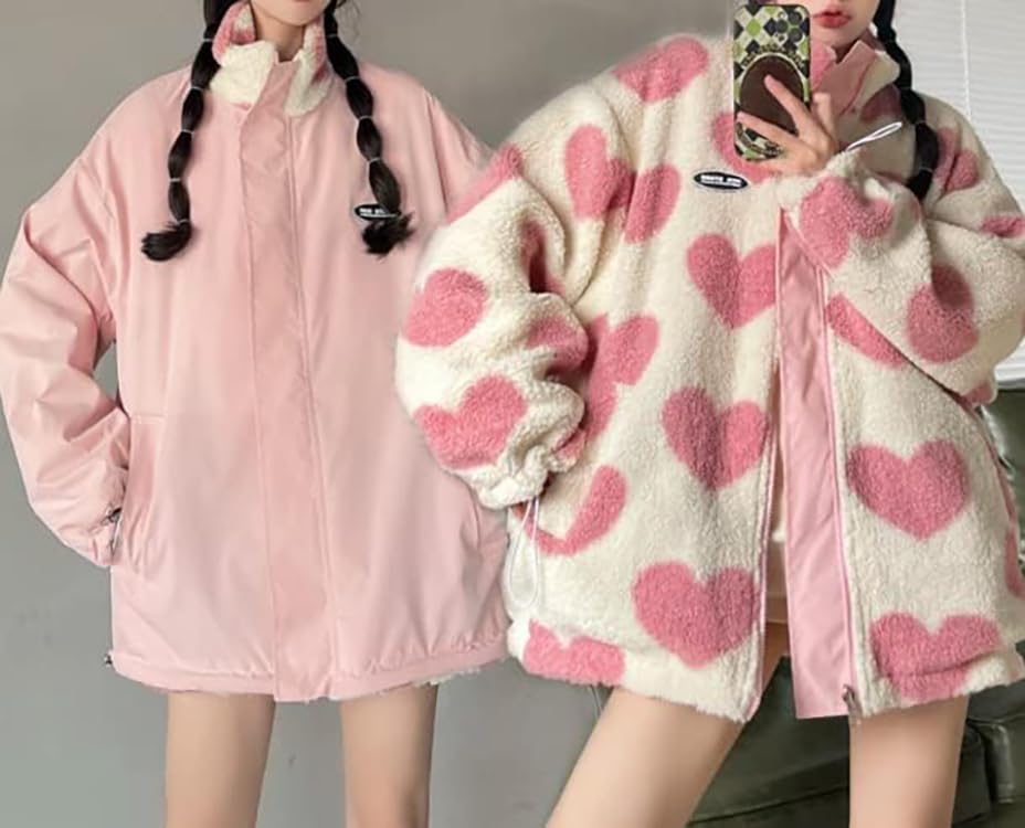 Sumleno Women's Fleece Sherpa Jackets Reversible Kawaii Heart Print Fuzzy Zip Up Cutecore Coats Aesthetic Y2k Gyaru Clothes2