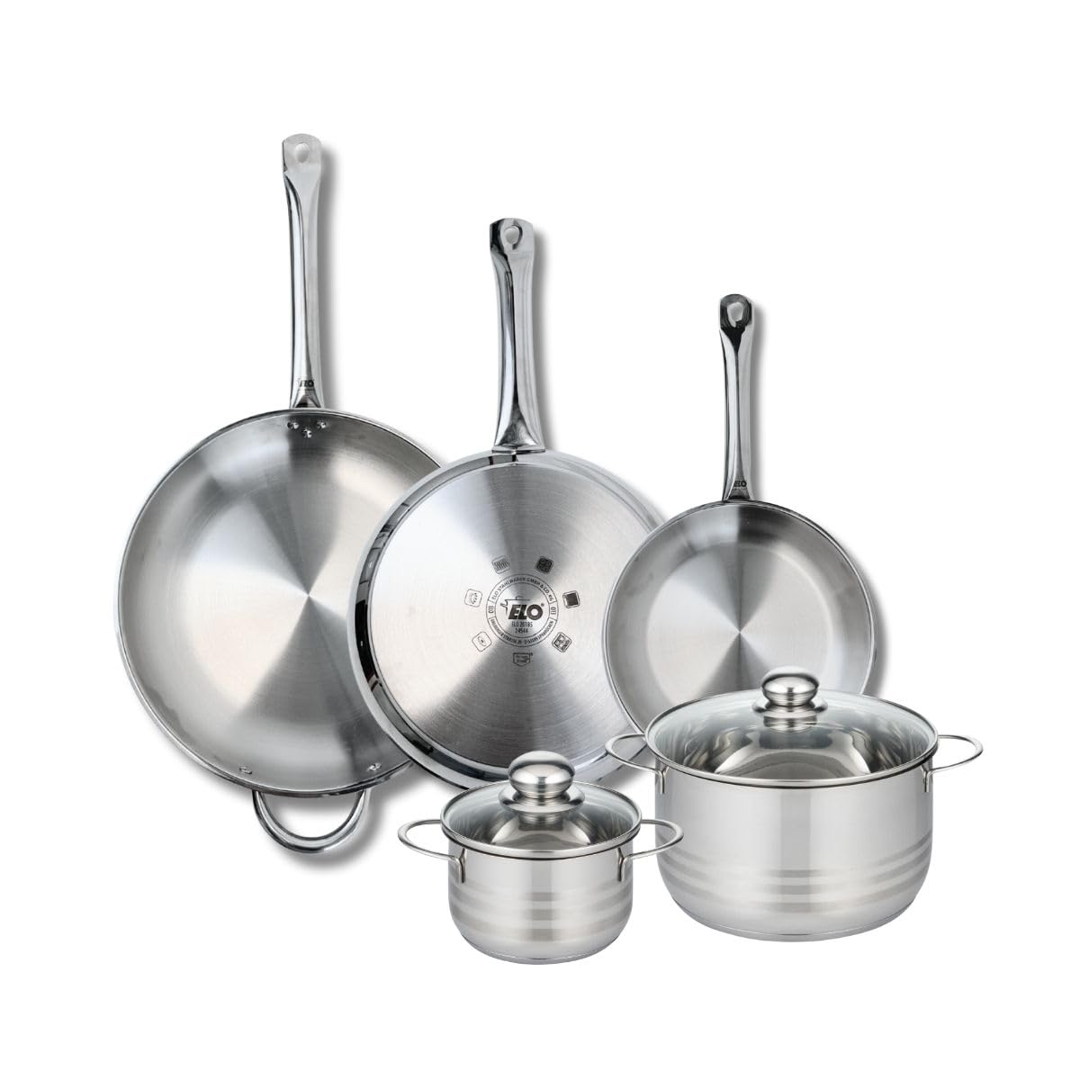 Elo Cookware Set with 3 Frying Pans 9.4/11/32 cm and 2 Saucepans 14/20 cm | Complete Set for Kitchen Equipment, 3 Frying Pans 24 28 32 cm and 2 Saucepans 14 20 cm, Stainless Steel, Induction and Oven