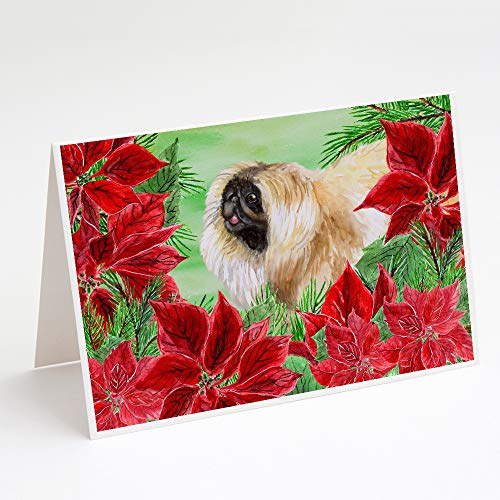 Caroline's Treasures CK1329GCA7P Pekingese Poinsettas Greeting Cards and Envelopes Pack of 8 Blank Cards with Envelopes Whimsical A7 Size 5x7 Blank Note Cards
