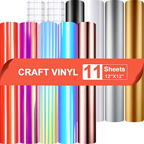 11 Sheets Holographic Vinyl Sheets 12 x 12 Inch Permanent Adhesive Chrome Metallic Transfer Vinyl with 2 Transfer Paper Tapes for DIY Crafts Home Decor, Logo