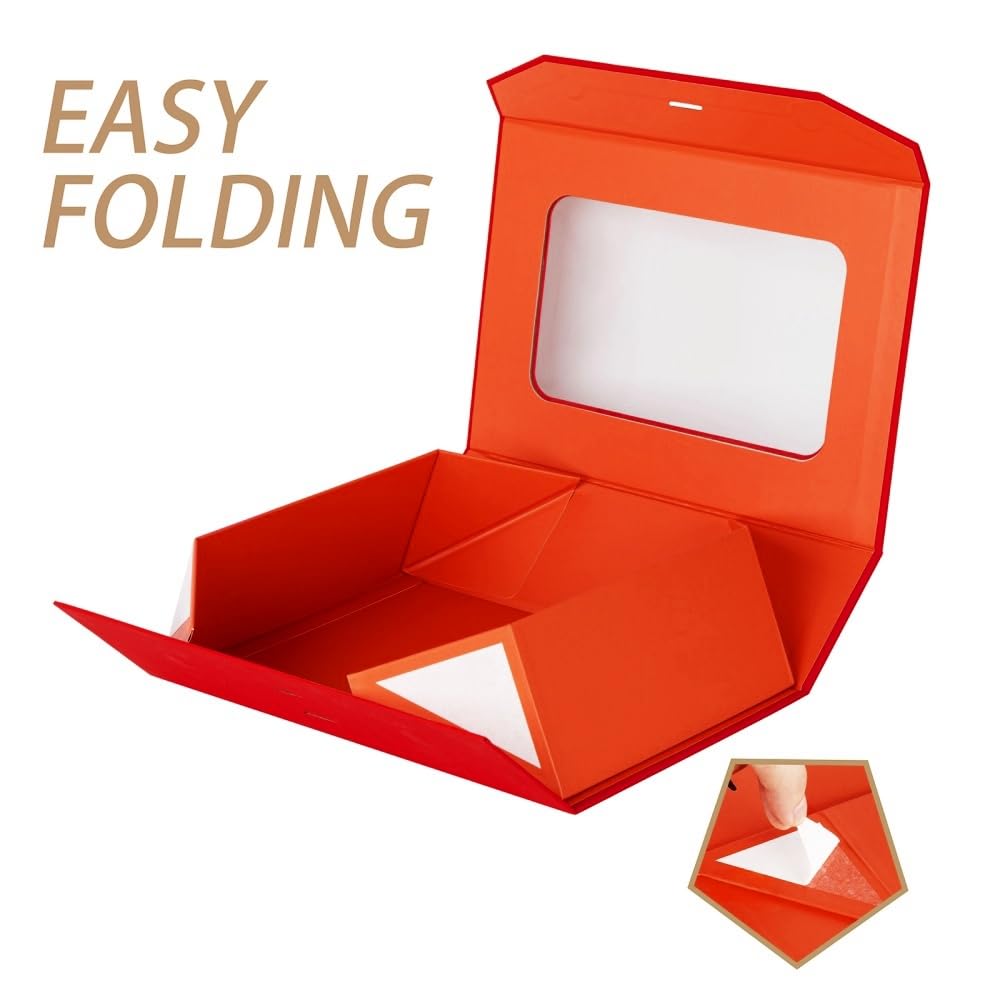 PLINJOY 3 scatole regalo extra large rosse per regali con nastro, 48 x 40 x 15 cm, scatola regalo trasparente con finestra e chiusura magnetica, scatole regalo con coperchio