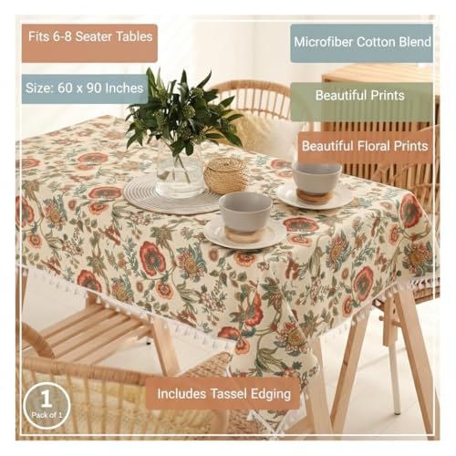 Image of RRC Microfiber Cotton Dining Table Cover 60 x 90 Inch for 6 Seater, Pack of 1 Rectangular Printed Table Cloth with Tassels, Washable Centre Table Cover, Durable & Fade Resistant