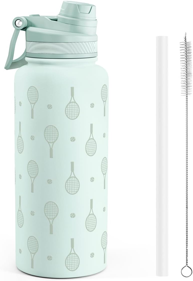 Tennis Stainless Steel Water Bottle with Strap 32oz, Insulated Bottles with Straw and Spout Lid for Gym Sports Travel Outdoor, Gifts for Women Girls Birthday Christmas