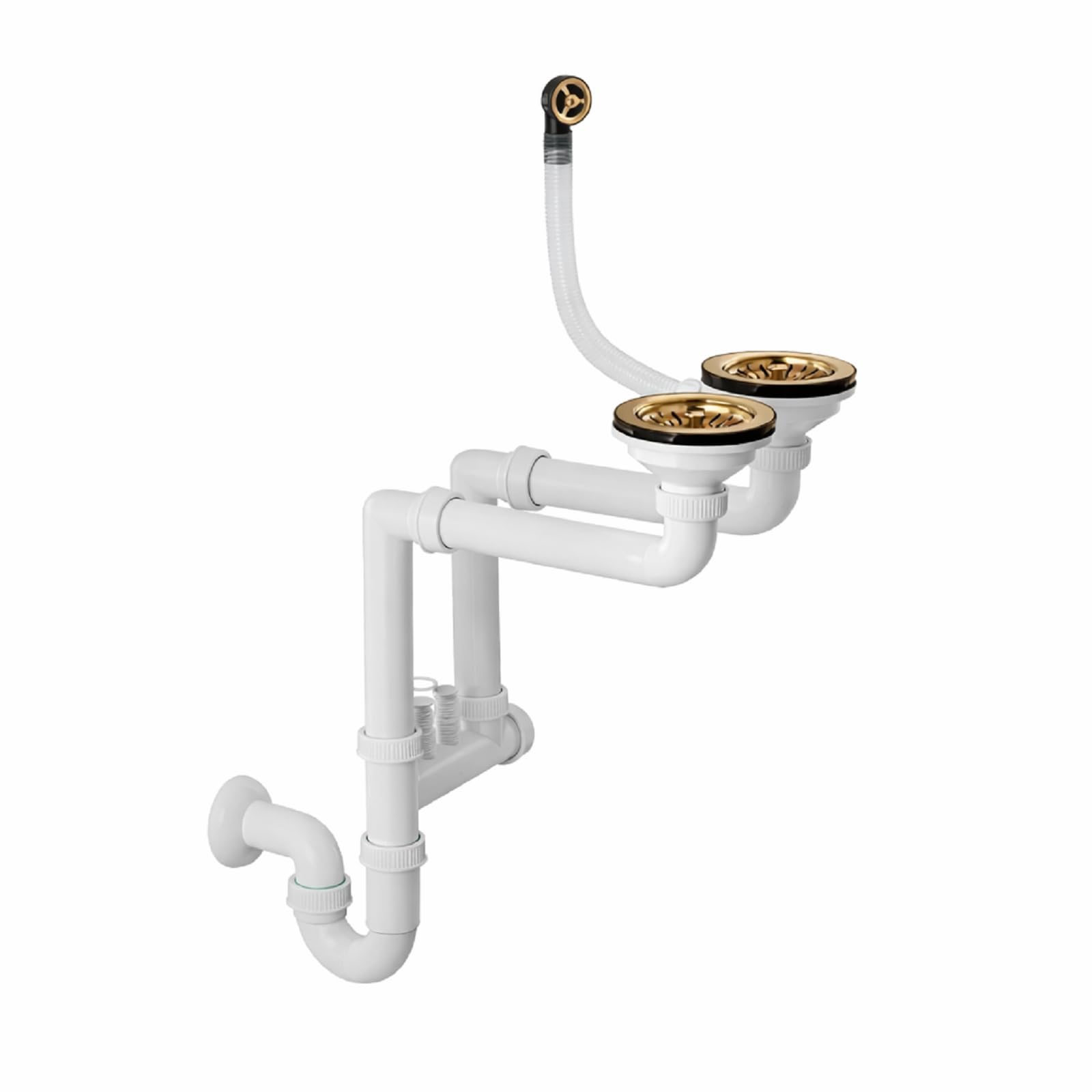 QLS Doppelbecken-Siphon manuell 3 1/2 Zoll wandnah Gold | Platzsparende Bauweise aus PVC und Edelstahl mit Anschluss für Geschirrspüler, Waschmaschine, inkl. Montageset und Dichtungen