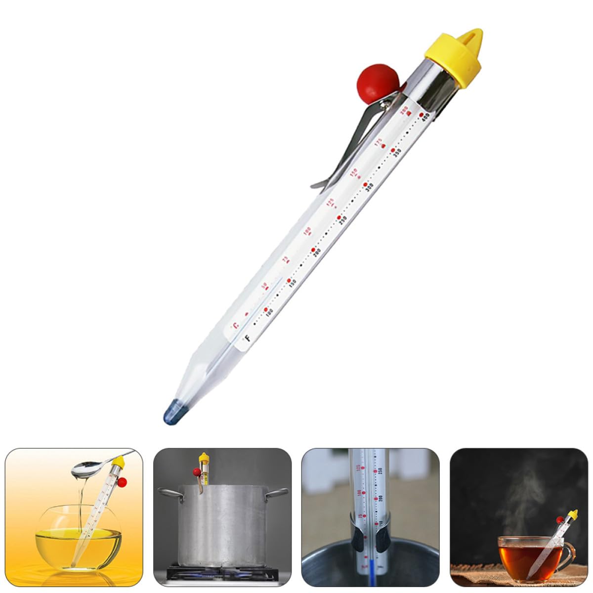 Termometro in Vetro Temperato e Acciaio Inox da Cucina per Caramelle Clip Resistente a Alte Temperature Colore Casuale per Cottura Dolci e Bevande