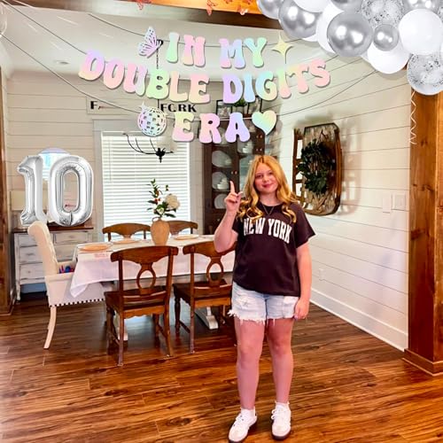 Image of 10th Birthday Decorations In My Double Digits Era Banner Double Digits Birthday Happy 10th Birthday Decorations for Silver Number 10 Balloon Girls Boys Double Digits Party Supplies