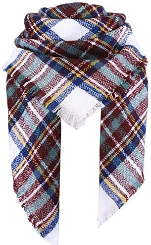 MOTINE Tartan Blanket Scarf Stylish Winter Warm Pashmina Wrap Shawl for Women (White Blue)