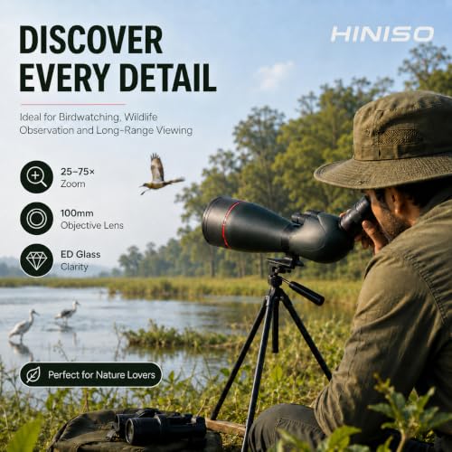 Image of HINISO 25-75x100mm ED Spotting Scope with HD Optics, BAK4 Prism, Dual Focus Knob, Waterproof & Fog Proof Telescope for Bird Watching, Hunting, Wildlife, Stargazing with Tripod & Phone Adapter