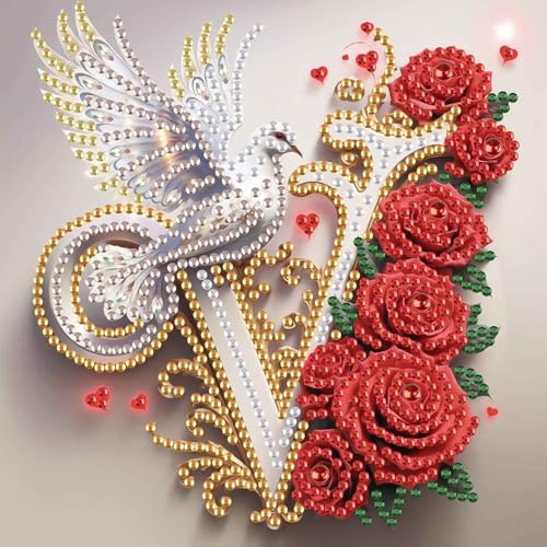 Image of AiYuanzsh 5D DIY Diamond Art Kits for Adults Letter V, Vintage Rose & Dove Floral Special Shape Diamond Painting, Alphabet Diamond Art for Home Wall Decoration and Valentine's Day Gift 17x17cm