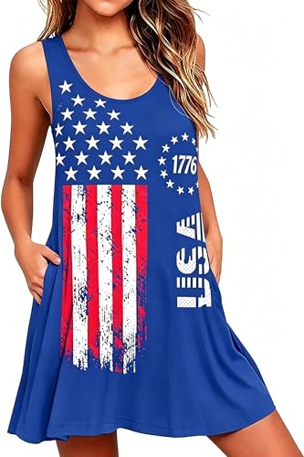 Image of Roshop Womens Juneteenth Flag Sleeveless Dress 4th of July Patriotic Swing Sundress with Pockets