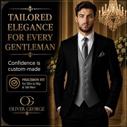 Image of Oliver George 4pc Men's Solid Formal Suit Waistcoat Tuxedo Dress Vest Necktie Bowtie Handkerchief Set for Suit or Tuxedo