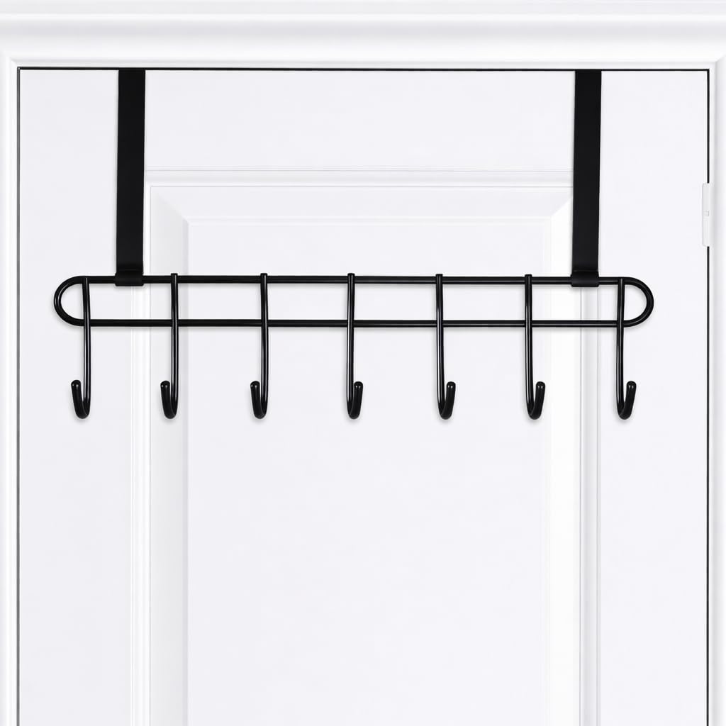 Over-The-Door Hook Hanger, No-Drill Metal Door Hanger with Multiple Hooks, Multipurpose Organizer for Clothes, Towels, Bags & Accessories, Black, Pack of 1-image-44