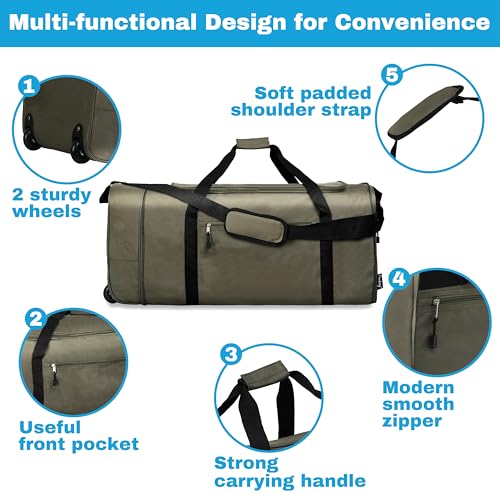 Finnhomy 100L Foldable Rolling Duffel Bag with 2 Wheels, Light Weight Travel Duffel bag with Large Loading Capacity, 32 inch Rolling Duffel bag with Shoulder Strap for Travel Camping Sports, Green