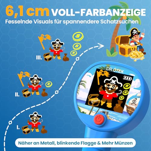 DR.ÖTEK Metalldetektor Kinder, Farb-LCD & 6" Leuchtspule, Leicht & Einstellbar, Rutschfester Griff, Kinder Metalldetektor Set für 3-12, Jungen & Mädchen 2