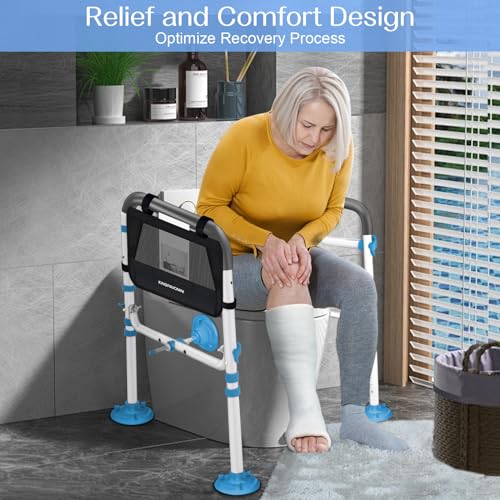 KingPavonini Toilet Safety Rail (350 LB) - Adjustable Foldable Toilet Safety Frame for Elderly and Disabled - Stand Alone Toilet Rails for Seniors with Storage Bag & Paper Holder - Fits Most Toilets