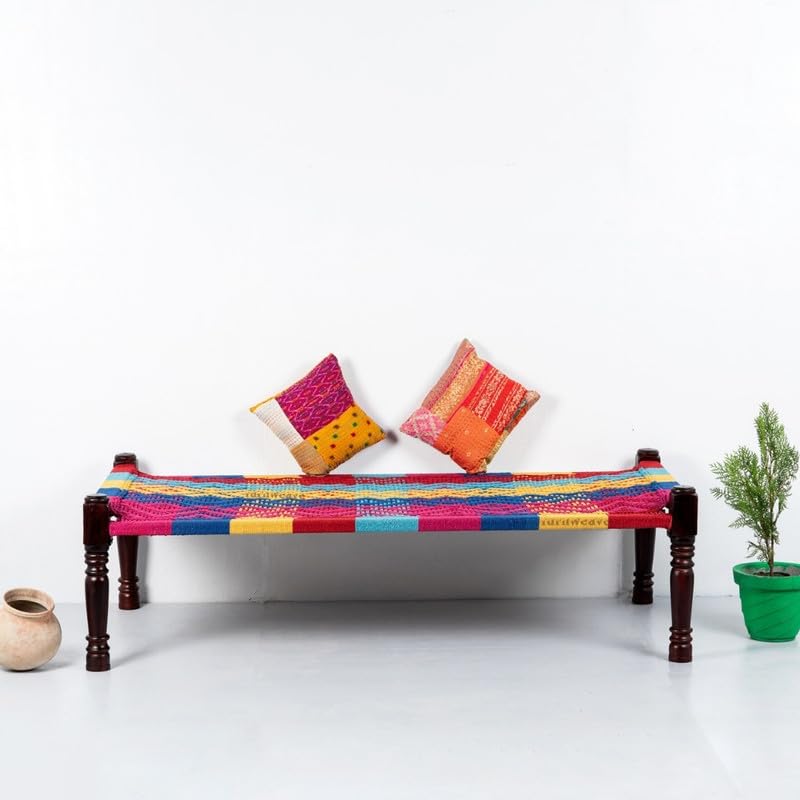 Image of Solid Sheesham Wood Charpai Khat | Handcrafted Daybed Khatiya Charpai with Cotton Rope | Traditional Khat Bed Wooden Diwan Cot for Living Room | 6X3 Feet | Colorful 001, Multicolour