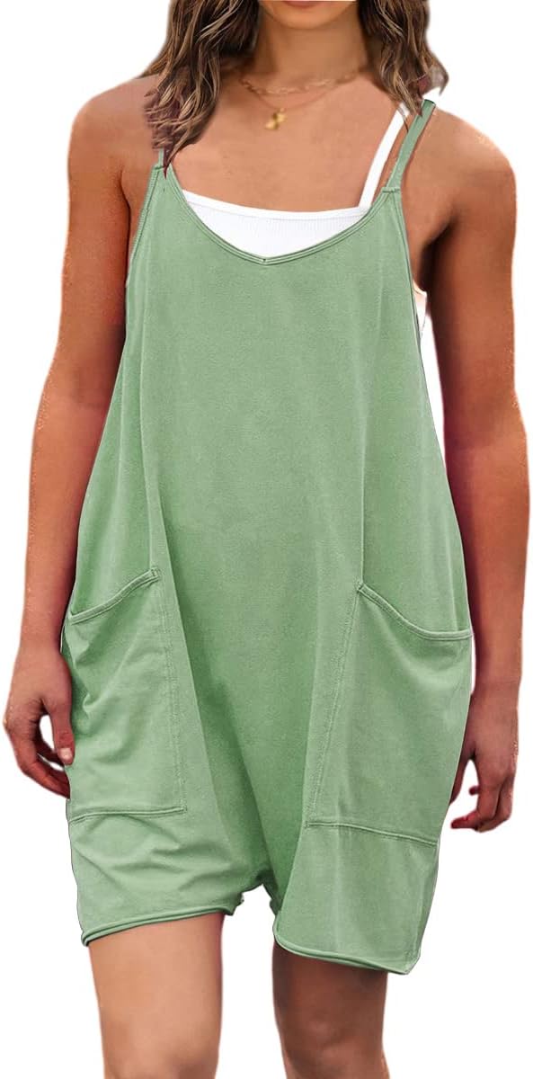 OUFEIYA Womens Casual Sleeveless Adjustable Strap Loose Solid Jumpsuits Baggy Stretchy Long Pant Romper Overalls with Pockets