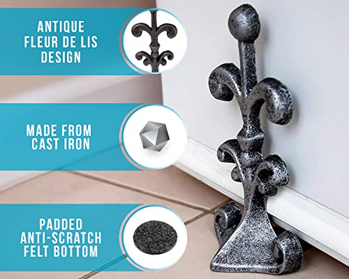 Fleur De Lis Cast Iron Door Stop | Decorative Door Stopper Wedge | With Padded Anti-Scratch Felt Bottom | Antique Vintage Design | Solid And Heavy Duty| 4X3.5X7.75" | Silver With Black By Comfify #TOP6
