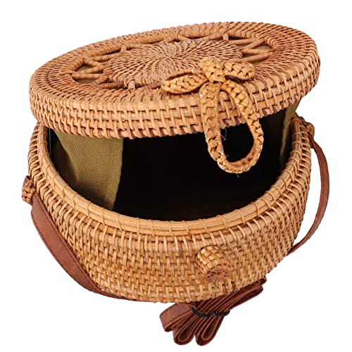 Bolsa de vime feita à mão, bolsa de ombro feminina redonda elegante tecida à mão com alça de couro,