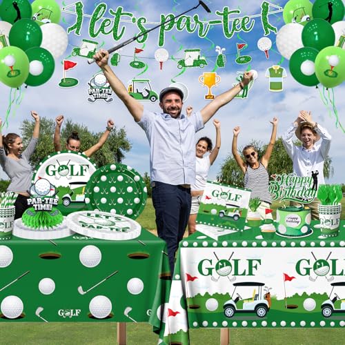 Image of Golf Party Decorations, All-in-1 Golf Birthday Decorations with Balloons Let's Par-Tee Plates Napkins Cake Toppers Honeycombs Tablecloths and Banner for Sports Themed Birthday Baby Shower, Serve 24