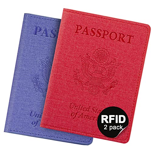 2 Pack Passport Holder For Women Kids, RFID Blocking Passport Wallet Red&Light purple