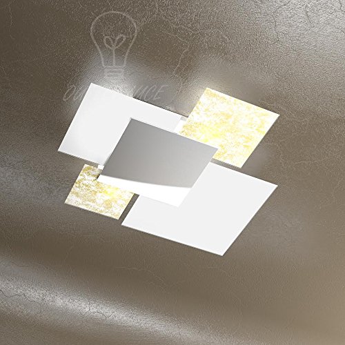 Plafonnier Top Light 1088/70-FO en chrome et verre blanc avec feuille or pour salon