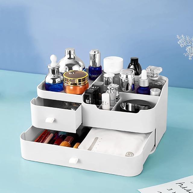 Makeup Organiser Make Up Storage, CAEEKER Makeup Cosmetic Organiser with Drawer, Cosmetic Storage Box Case Skincare Display Drawer Plastic Beauty Organizer Holder for Bathroom Dresser Bedroom (White)