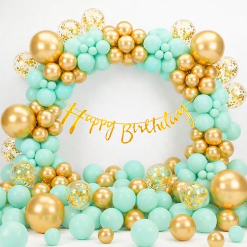 Image of Happy Birthday Decoration Kit for Kids Men Women Tweens Home Terrace Table Year With 30 Pcs Light Green Gold Balloons 1 Pcs Golden Happy Birthday Cursive Banner Items Set Combo