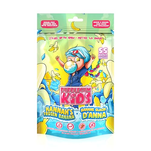 Image of Bubblegum Kids Hannah's Frozen Banana Sugar Free Gum | Sugarless Gum with Xylitol | Vegan, Peanut Free, Low Calorie Candy Alternative for Kids & Adults | Resealable Bag, 55 Pieces Per Pack, 1 Pack