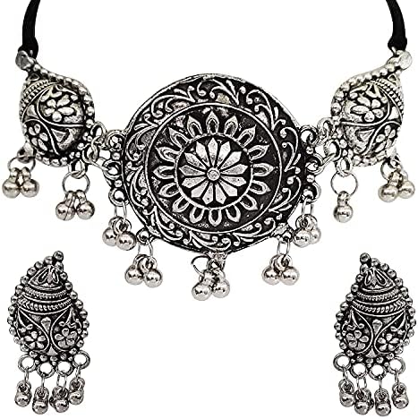 Shining Diva Fashion Latest Stylish Traditional Oxidised Silver Necklace Jewellery Set for Women (13117s)
