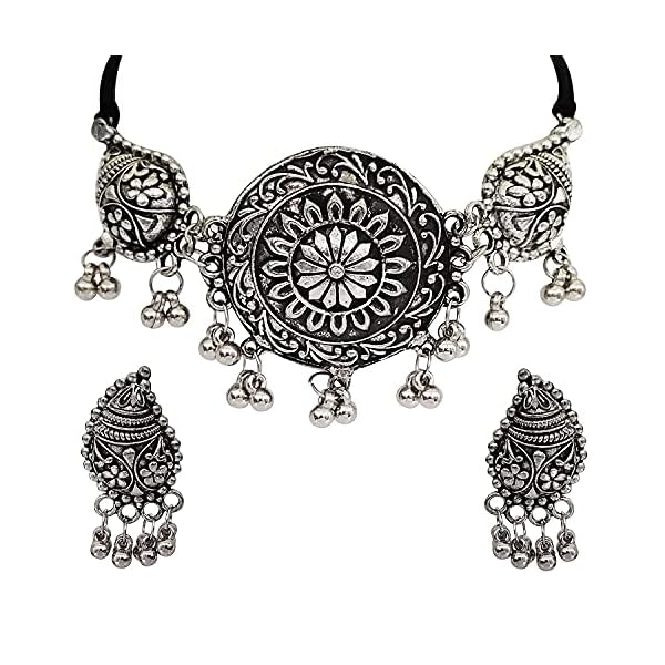 Shining Diva Fashion Latest Stylish Traditional Oxidised Silver Necklace Jewellery Set for Women (13117s)