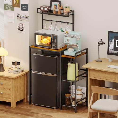 Image of Over Mini Fridge Storage Shelf Fridge Stand for Dorm with 5 Lockable Hooks | Kitchen Bakers Rack, Coffee Bar, Microwave Oven Stand, Wine Cabinet, Refrigerator Stand for Apartment, Living Room, Office