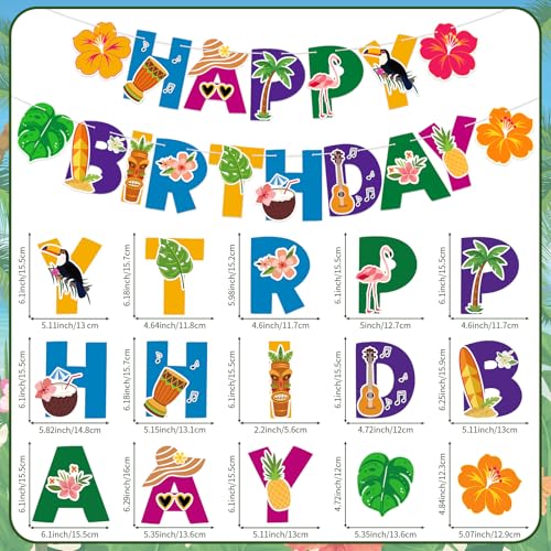 Image of Hawaiian Happy Birthday Banner Tropical Birthday Banner Colorful Hawaiian Luau Flamingo Pineapple Palm Leaf for Kids Summer Baby Shower Party Decorations Supplies