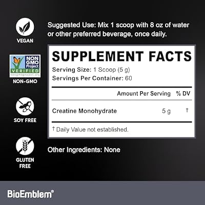 BioEmblem Creatine Monohydrate Powder - Unflavored Micronized Creatine Easily Mixes - Muscle Strength, Workout Recovery, Exercise Performance - 300g Creatine Supplement - Non-GMO, Vegan