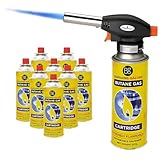 Blow Torch with Butane Gas Bottles - for Camping, Cooking, Kitchen, BBQ, Desserts, Creme Brulee | Flamethrower Welding Refill Auto Ignition Soldering Weed Burning (Blow Torch + 8 Gas Bottles)