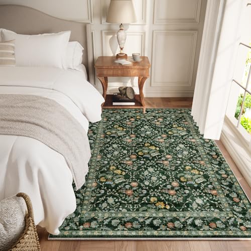 Image of Vintage Botanical Dark Green Area Rug 4x6 Elegant Floral Pattern, Durable Stain-Resistant Fabric, Perfect for Living Room, Bedroom, Dining Room Decor