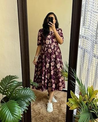 Image of Women's Rayon Floral Printed Midi Dress Short One Piece