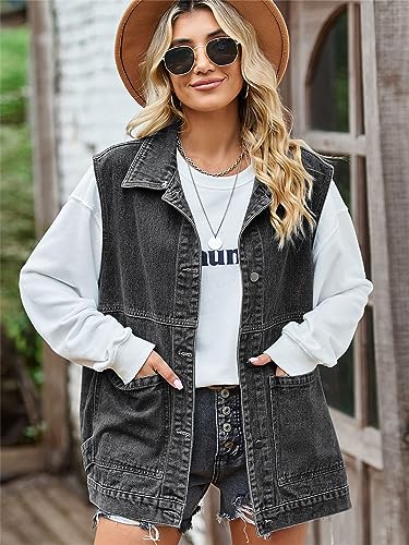 Image of PAODIKUAI Women's Oversized Denim Vest - Sleeveless Distressed Jean Vest with Pockets for Casual Layering