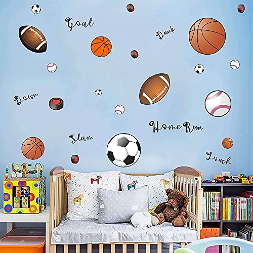 Image of Sports Wall Decals Soccer Decal for Walls Rugby Stickers Baseball Wall Decor Basketball Stickers Removable Peel and Stick Walls Decals Football Sticker for Boys Bedroom Playroom
